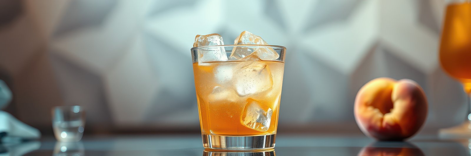 Refreshing cocktail served in a glass with ice and a peach beside it on a modern bar top